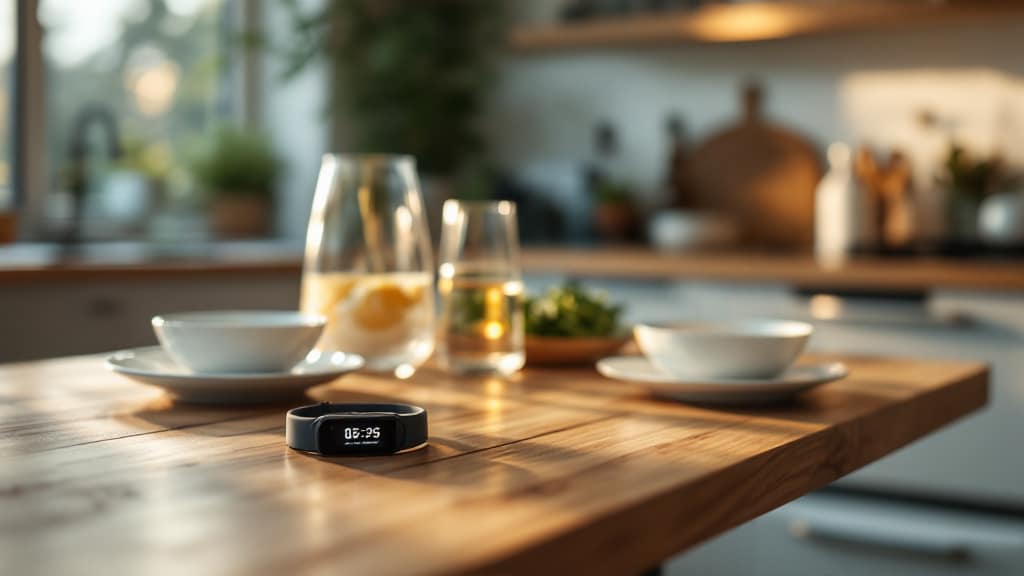 Esstisch nach dem Abendessen mit Fitness-Tracker