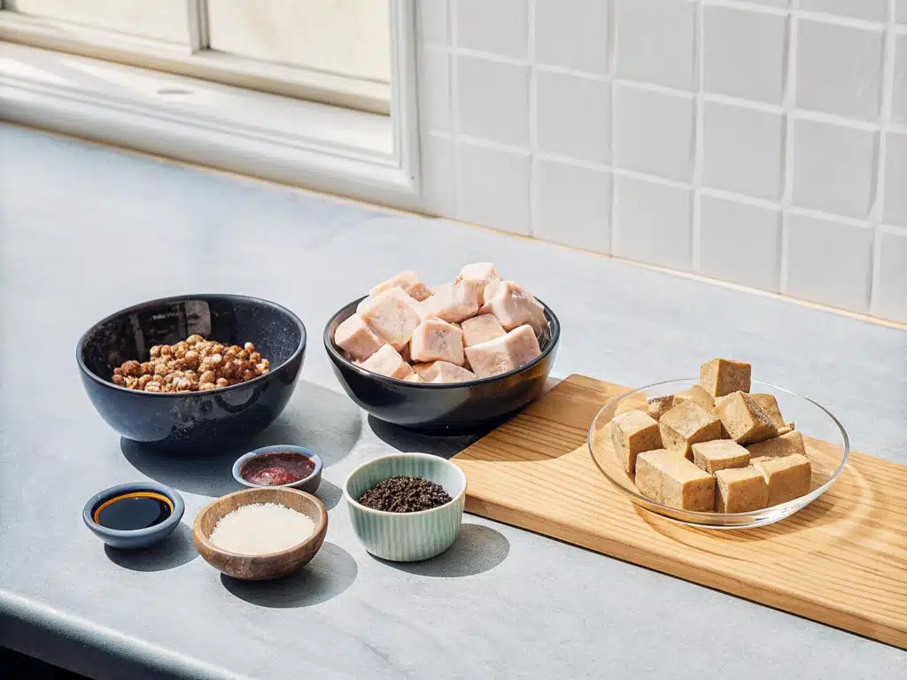 Zutaten für Mapo Tofu mit Tofu, Hackfleisch, Doubanjiang und Gewürzen