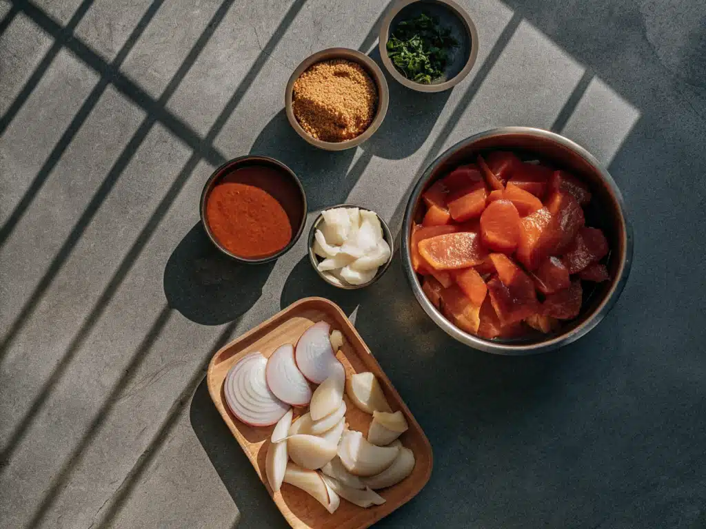 Zutaten für Chicken Handi mit Hähnchen, Gemüse, Joghurt und Gewürzen