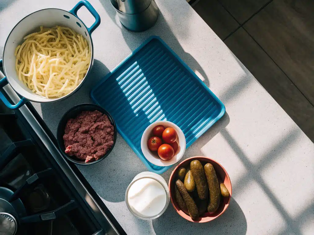 Zutaten für Protein-One-Pot-Pasta mit Veggie-Hack, Nudeln, Tomaten, Gewürzgurken und Cheddar