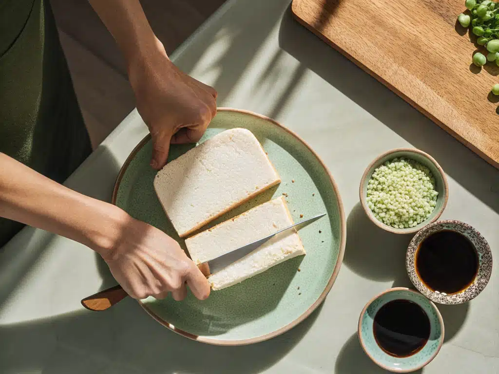 Seidentofu wird auf einem Teller geschnitten, daneben stehen Sojasauce, Sesampaste und weitere Zutaten